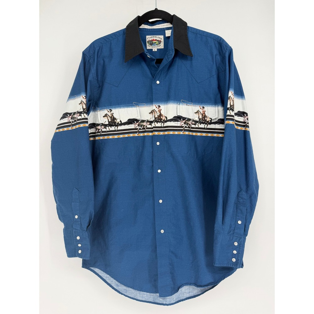 Cumberland Outfitters Mens Blue Western Pearl Snap Cowboy Graphic Shirt Large